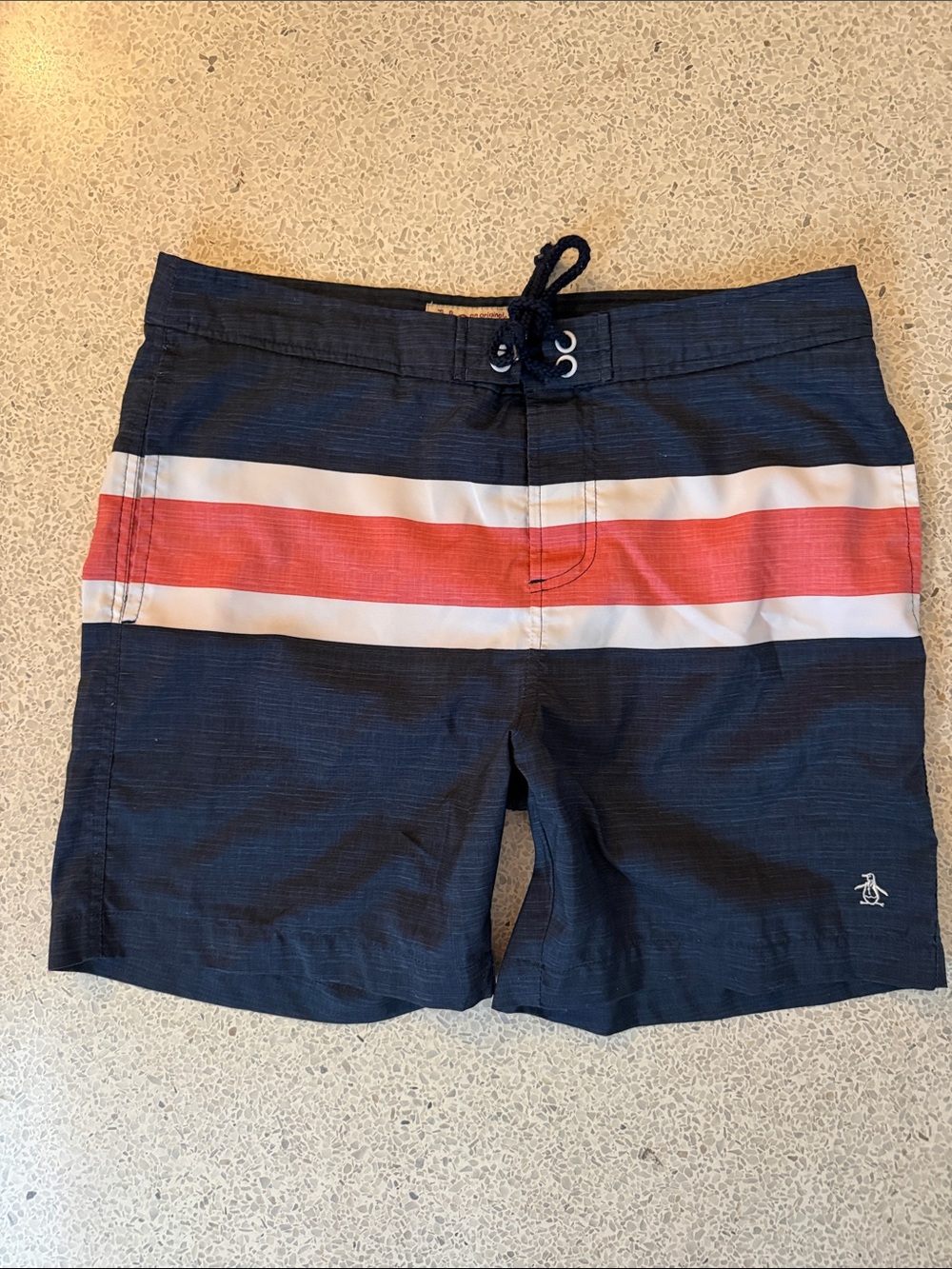Original Penguin Munsingwear Navy Swim Trunks with Red and White Stripes 31 x 6”